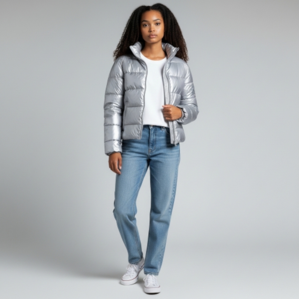 🆕️ Time and Tru Womens Silver Metallic Puffer Coat Size Medium (8-10)